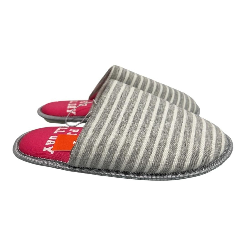 Joe Fresh Slippers Womens Size 6 Gray Stripe Jersey Mule House Shoes PJs Cozy